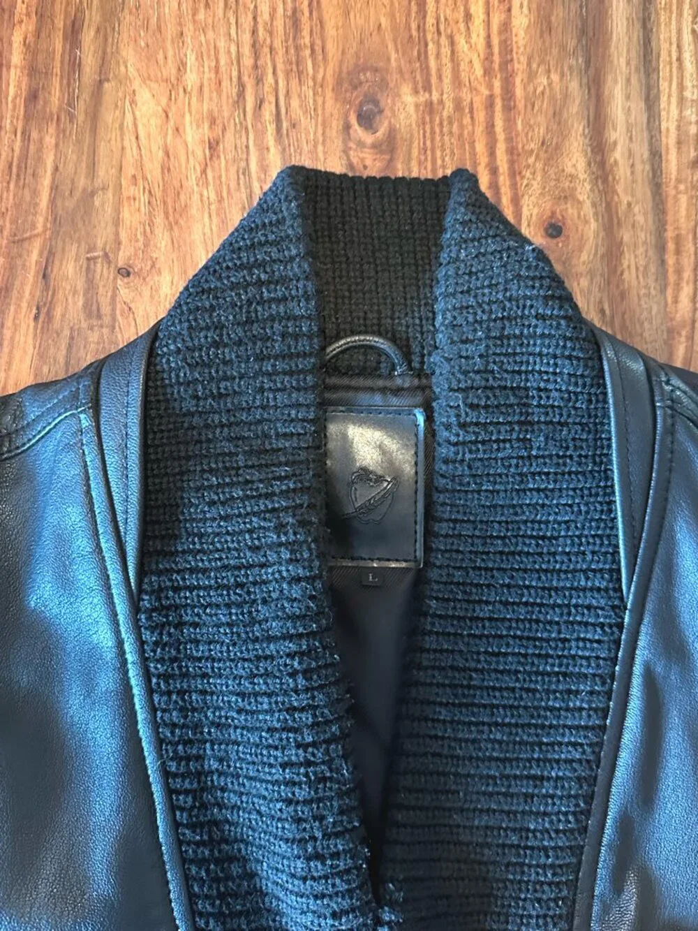 Vintage Public School, Black Leather Bomber w/ Knit Collar, Men Size L